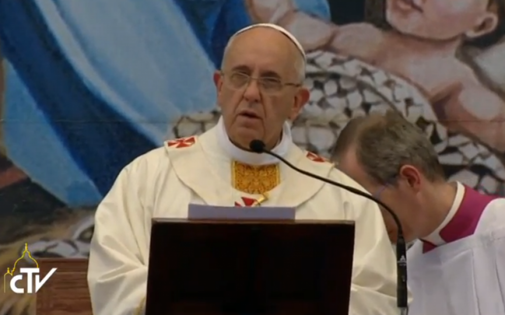 Pope Francis delivers mass at Manger Square in Bethlehem on Sunday, May 25. (screen capture: CTV)