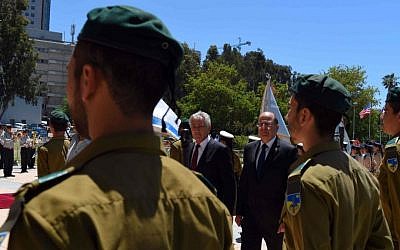 US Secretary of Defense Chuck Hagel, left, with Israeli counterpart, Defense Minister Moshe Ya'alon (photo credit: Ariel Hermony/ Ministry of Defense)