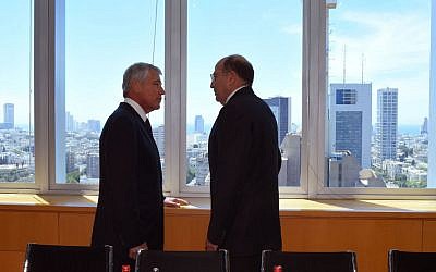 Hagel and Ya'alon at the Defense Ministry in Tel Aviv in May (photo credit: Ariel Hermony/ Ministry of Defense)