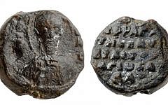 Image of two sides of the Crusader-era seal of St. Sabas monastery discovered in Jerusalem's Bayit Vegan neighborhood. (photo credit: Clara Amit/Israel Antiquities Authority)