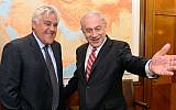 Prime Minister Benjamin Netanyahu (R) meets with American comedian Jay Leno, at the Prime Minister's Office in Jerusalem on May 21, 2014. (photo credit: Kobi Gideon/ GPO/FLASH90)