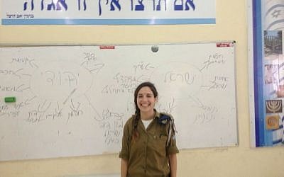 Cpl Inbal Shalev in a Prison Four classroom (photo credit: Mitch Ginsburg/ Times of Israel)