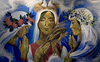 An acrylic on canvas painting by Palestinian artist Irina Naji, named Dream, displayed at an art exhibition in the West Bank city of Ramallah (photo credit :AP/Nasser Nasser)
