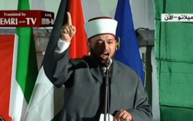 Al-Aqsa Mosque imam Raed al-Danna speaks at an Islamic conference in Milan, Italy, Sunday, April 27, 2014. (photo credit: MEMRI/al-Jazeera) Al-Aqsa Mosque imam Raed al-Danna speaks at an Islamic conference in Milan, Italy, Sunday, April 27, 2014. (photo credit: MEMRI/al-Jazeera)