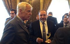 EU Ambassador Lars Faaborg Anderson, left, with Avigdor Liberman in May, 2014. (photo credit: Raphael Ahren/Times of Israel)
