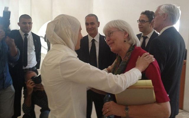 Cindy Corrie, center right, with lawyer Reem Masarweh in court Wednesday. (photo credit: Mitch Ginsburg/Times of Israel) Cindy Corrie, center right, with lawyer Reem Masarweh in court Wednesday. (photo credit: Mitch Ginsburg/Times of Israel)