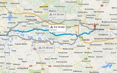 Image from Google Maps showing bicycle route from Auschwitz to Krakow, for the Ride for the Living event.