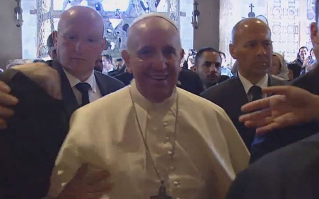 Pope Francis arriving at the Church of Gethsemane Monday. (screen capture: GPO)