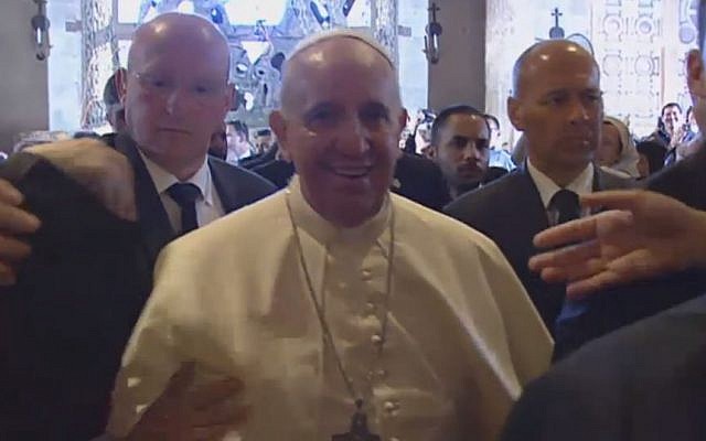 Pope Francis arriving at the Church of Gethsemane Monday. (screen capture: GPO) 