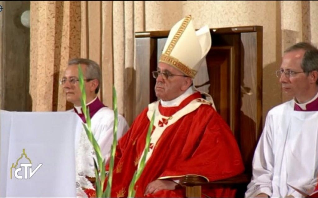 The pope, center, at mass in the Cenacle. (Screen capture: Vatican TV)