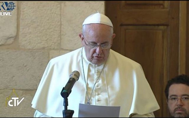 Pope Francis speaking at the Temple Mount Monday. (Screen capture: Vatican TV)