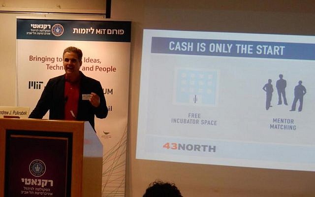 Andrew J. Pulkrabek talks about 43North to Israelis at Tel Aviv University. (Photo credit: Courtesy) Andrew J. Pulkrabek talks about 43North to Israelis at Tel Aviv University. (Photo credit: Courtesy)