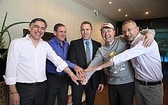 (L to R) Ze'ev Goldberg, chairman of Unlimited; Yiftach Ron-Tal, IEC chairman; Communications Minister Gilad Erdan; Jonas Birgeson, chairman of ViaEuropa Israel; and Dov Lauver, Unlimited CEO at Tuesday's announcement event (Photo credit: Gideon Markovitch)