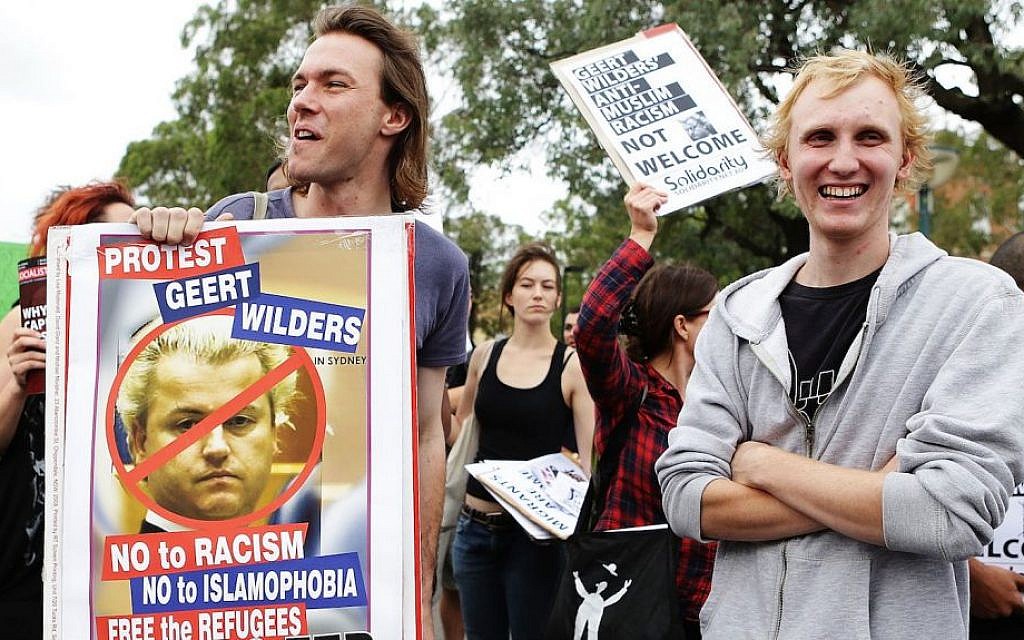 Australian protesters rallying against Dutch politician Geert Wilders in Sydney, Feb. 22, 2013. (Brendon Thorne/Getty Images via JTA) Australian protesters rallying against Dutch politician Geert Wilders in Sydney, Feb. 22, 2013. (Brendon Thorne/Getty Images via JTA)