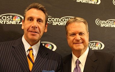Washington Wizards broadcasters Glenn Consor, left, and Steve Buckhantz are working in the postseason for a change. (Hillel Kuttler/JTA)