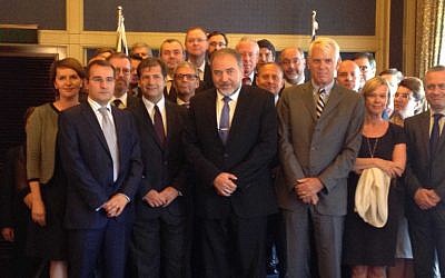 Avigdor Liberman, center, with the EU ambassadors Tuesday. (photo credit: Raphael Ahren/Times of Israel)