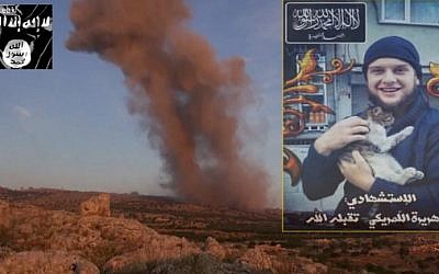 An image grab taken from a video released by jihadist group Al-Nusra Front and uploaded on LiveLeak on May 30, 2014 allegedly shows a portrait of American citizen Moner Mohammad Abu-Salha, who is believed to have been involved in the suicide bombing against regime forces in Syria's northern province of Idlib on May 25, 2014, and smoke rising in the background which allegedly shows the scene moments after the attack (screen capture: AFP/LIVELEAK)