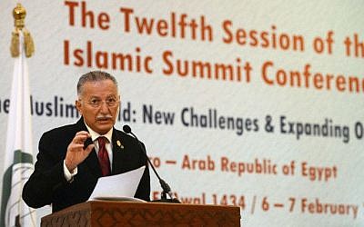Ekmeleddin Ihsanoglu, speaking at the end of the 12th summit of the OIC in Cairo during his stint as Secretary General of the Organisation of Islamic cooperation (OIC) (photo credit: AFP/Khaled Desouki)