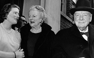In this April 1, 1963 file photo, Sir Winston and Lady Clementine Churchill, take their leave of their daughter Mary, wife of Agriculture Minister Christopher Soames, after a family luncheon party to celebrate Lady Churchill’s 78th birthday at Tufton Court, London. (photo credit: AP Photo/Leonard Brown, File)