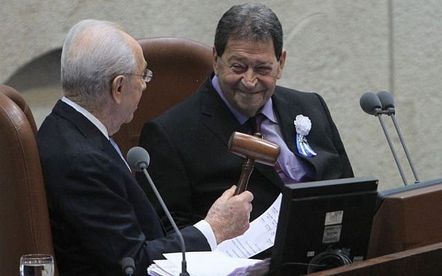 Israel's then-president Shimon Peres (L) seen with Labor MK and would-be president Binyamin (Fuad) Ben-Eliezer at the opening session of the Knesset on February 05, 2013. (photo credit: Miriam Alster/FLASH90)