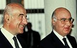Lebanese-Brazilian Jewish banker Edmond Safra (R) and his brother Joseph Safra in 1991.  photo credit: Moshe Shai/FLASH90)