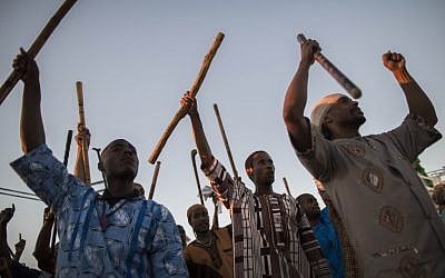 Black Hebrews from Dimona seen celebrating the giving of the harvest on Shavuot. (Yonatan Sindel/Flash 90)