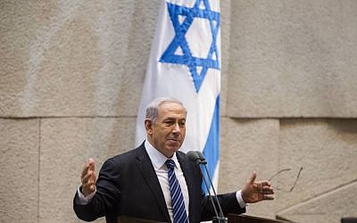 Prime Minister Benjamin Netanyahu speaks in the plenum hall of the Knesset on May 28, 2014. (photo credit: Flash90)