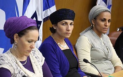 Rachelle Fraenkel (L), mother of Naftali Fraenkel; Bat-Galim Shaar (C), mother of Gil-ad Shaar; and Iris Yifrach, mother of Eyal Yifrach, attend a meeting in the Knesset on Wednesday, June 25, 2014 (photo credit: Hadas Parush/FLASH90)