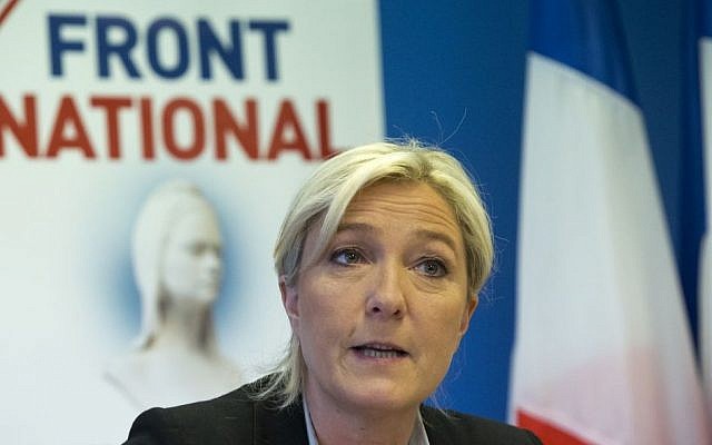 French far-right National Front leader Marine Le Pen speaks at party headquarters in Nanterre, west of Paris, on May 27, 2014. (photo credit: AP/Jacques Brinon) French far-right National Front leader Marine Le Pen speaks at party headquarters in Nanterre, west of Paris, on May 27, 2014. (photo credit: AP/Jacques Brinon)