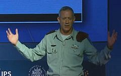 Benny Gantz speaking in Herzliya Monday. (Screen capture: Herzliya conference)