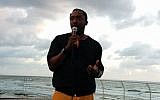 will.i.am speaking to angel investors and Israeli startups at the Tel Aviv port (photo credit: Dan Atzmon)