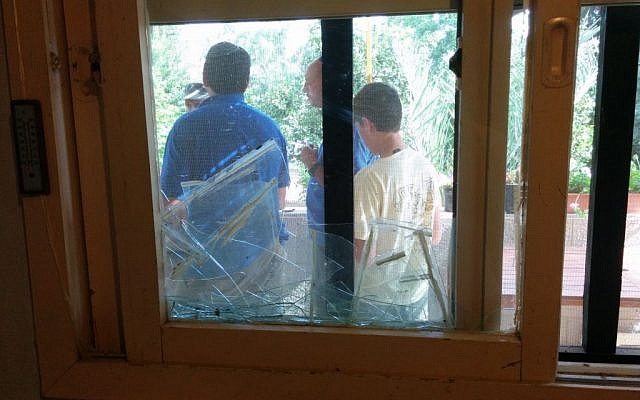 A broken window from a rocket strike on Sdot Negev Monday morning. (photo credit: Sdot Negev spokesperson) A broken window from a rocket strike on Sdot Negev Monday morning. (photo credit: Sdot Negev spokesperson)