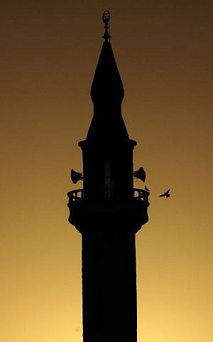A bird flies towards the minaret of a mosque in the West Bank refugee camp of Jenin, June 28, 2014. (photo credit: AP/Mohammed Ballas)