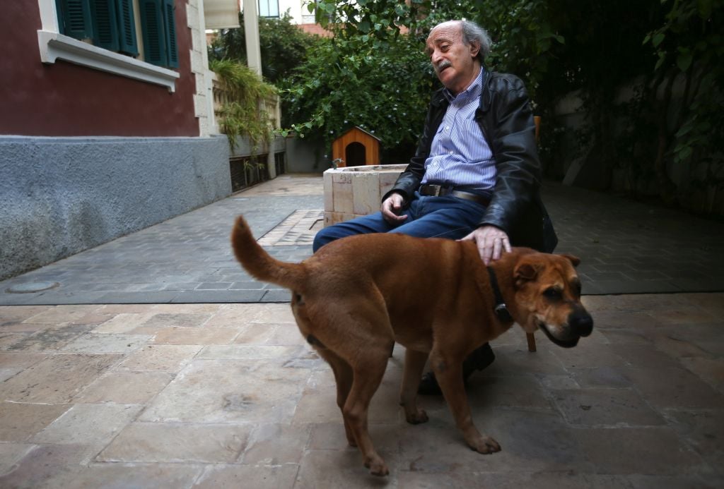 In this picture taken on May 28, 2014, Walid Jumblatt, the political leader of Lebanon's minority Druse sect, pets his dog Oscar at his garden house in Beirut, Lebanon. (photo credit: AP Photo/Hussein Malla)