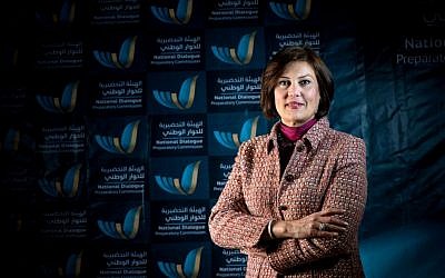 In this March 2014 image released by the National Dialogue Preparatory Commission, Salwa Bugaighis, lawyer and rights activist, poses for a photograph during a meeting in Tripoli, Libya. One of Libya’s most prominent female activists was assassinated in the restive eastern city of Benghazi when gunmen stormed her house, the state news agency reported Thursday, in slaying that stunned human rights advocates. Bugaighis, was at the forefront in the 2011 uprising against dictator Moammar Gadhafi. She was among the most outspoken voices against militiamen and Islamic extremists who have run rampant in the country since Gadhafi’s fall. (photo credit: AP Photo/National Dialogue Preparatory Commission)