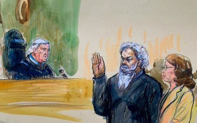 This artist's rendering shows US Magistrate Judge John Facciola swearing in Libyan militant and alleged Benghazi attack ringleader Ahmed Abu Khatallah, wearing a headphone, as his attorney Michelle Peterson looks on during a hearing at the federal US District Court in Washington, Saturday, June 28, 2014. (AP Photo/Dana Verkouteren) This artist's rendering shows US Magistrate Judge John Facciola swearing in Libyan militant and alleged Benghazi attack ringleader Ahmed Abu Khatallah, wearing a headphone, as his attorney Michelle Peterson looks on during a hearing at the federal US District Court in Washington, Saturday, June 28, 2014. (AP Photo/Dana Verkouteren)