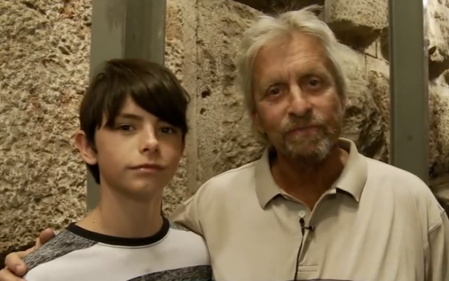 Dylan and Michael Douglas at the City of David tour (Courtesy City of David YouTube)