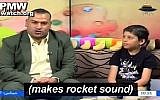 A guest on  a children's show aired on Hamas's Al-Aqsa TV imitates the sound of a rocket being launched at Israel. (screen capture, Palestinian Media Watch)