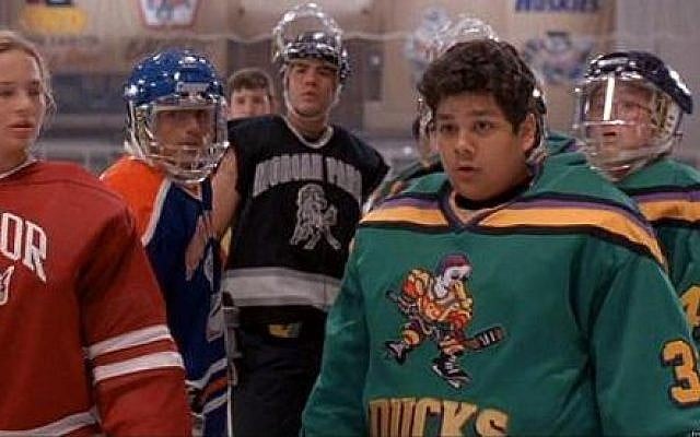 Disney’s ‘The Mighty Ducks’ goalie Greg Goldberg (right) was nearly at the center of an anti-Semitic incident in the final film, according to producer Jordan Kerner. (photo credit: YouTube screenshot) Disney’s ‘The Mighty Ducks’ goalie Greg Goldberg (right) was nearly at the center of an anti-Semitic incident in the final film, according to producer Jordan Kerner. (photo credit: YouTube screenshot)