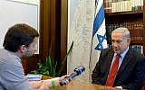 Prime Minister Benjamin Netanyahu being interviewed by foreign press, at the Prime Minister's Office in Jerusalem on June 29, 2014. (photo credit: Haim Zach/GPO/FLASH90)