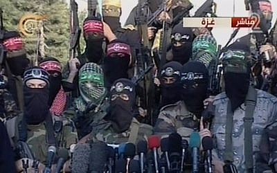 Gazan terror groups giving a press conference in Gaza Tuesday. (Screen capture: Channel 2)