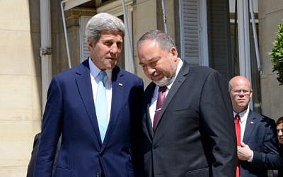 John Kerry, left, and Avigdor Liberman in Paris Thursday, June 26, 2014. (photo credit: Erez Lichtenfeld)