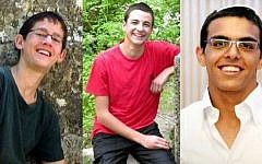 The three kidnapped and murdered  teens, from left to right: Naftali Fraenkel, Gil-ad Shaer and Eyal Yifrach (photo credit: Courtesy)