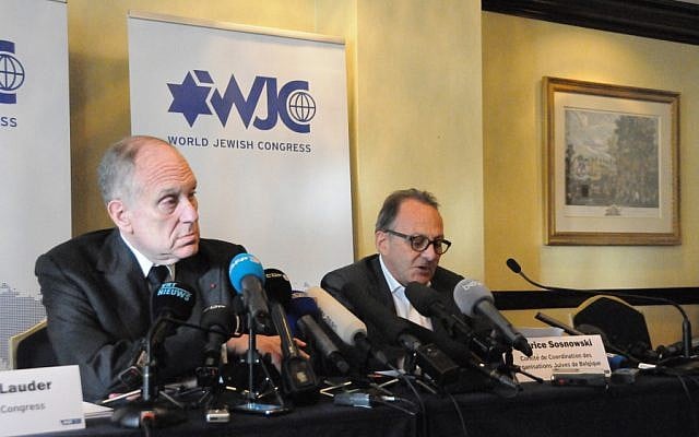 WJC president Ronald Lauder (left) and Maurice Sosnowski, president of the Belgian Jewish umbrella organization CCOJB, attend a press conference on Monday, June 2, 2014 (photo credit: Surya Jonckheere/Times of Israel) WJC president Ronald Lauder (left) and Maurice Sosnowski, president of the Belgian Jewish umbrella organization CCOJB, attend a press conference on Monday, June 2, 2014 (photo credit: Surya Jonckheere/Times of Israel)