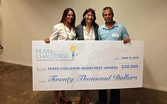 Nitzan Solan (L) and  Mendi Pollak (R) flank Dr. Aliza Belman Inbal, who presents them with the $20,000 Pears Challenge award for Livingbox (Photo credit: Courtesy)