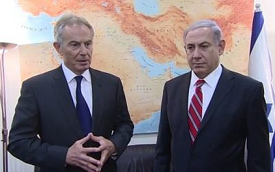 Prime Minister Benjamin Netanyahu (R) with Middle East Quartet Envoy Tony Blair (L) on June 17, 2014 (photo credit: Youtube screenshot)