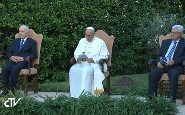 Pope Francis at the invocation gathering with Israel's President Shimon Peres and Palestinian Authority President Mahmoud Abbas at the Vatican, Sunday, June 8, 2014. (screengrab of Vatican live feed)