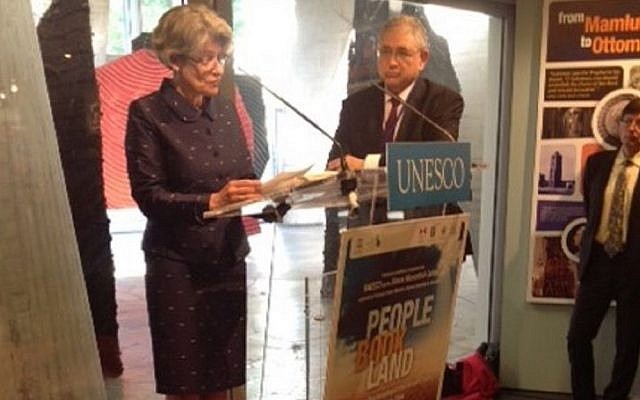UNESCO's Director General Irina Bokova poses with Rabbi Marvin Hier at the opening of the exhibit on Wednesday. (photo credit: courtesy)
