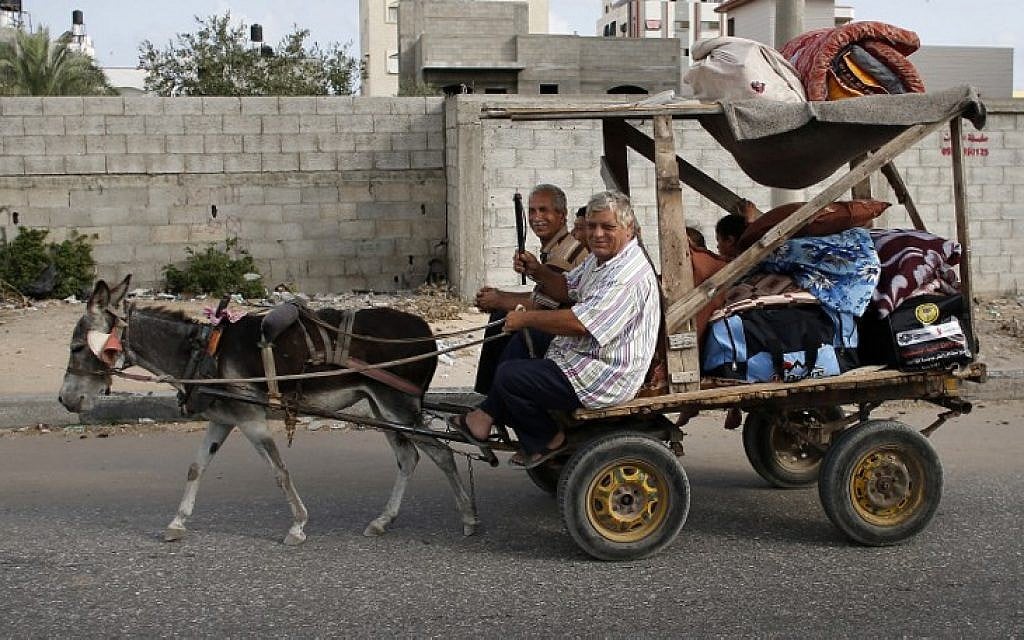 Palestinian families travel to a UN school in Gaza City to seek shelter after evacuating their homes north of the strip, on Sunday, July 13, 2014 (photo credit: AFP/THOMAS COEX)