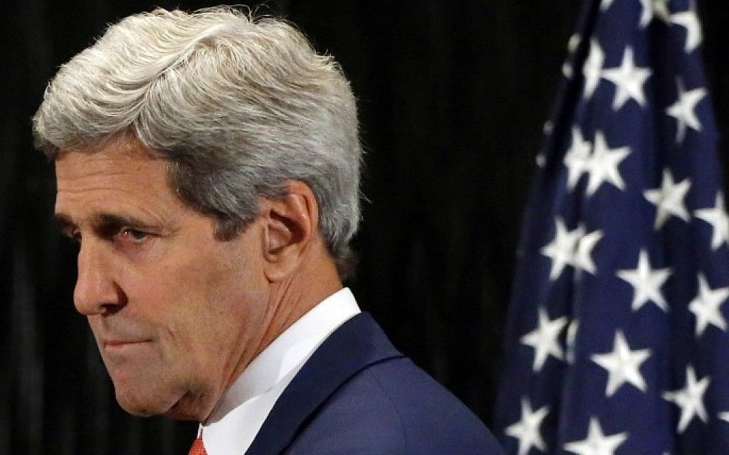 US Secretary of State John Kerry at a press conference in Cairo with United Nations Chief Ban Ki-moon, on July 25, 2014 (Photo credit: AFP/Pool)